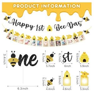 NWT 3 Pcs 1st Bee Day Bumble Honey Bee Birthday Banner Photo Banner Cake Topper